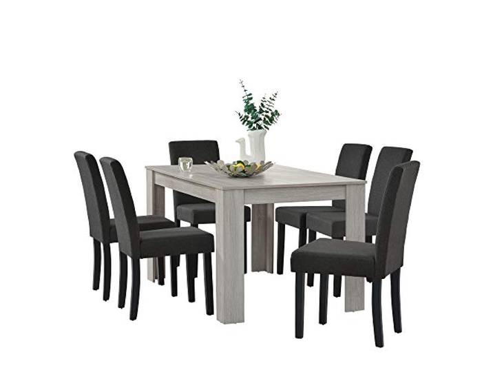 [en.casa] Esstisch in edlem Eichen-Design mit 6 Esszimmerstühlen in dunkelgrau - 140x90cm