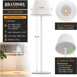 Brandson, Tischlampe, 3x LED Tischleuchte aus Metall, mit Akku, Kabellos, Touch, dimmbar, Dimmfunktion, Schreibtischlampe