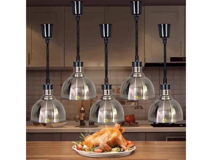 Aocay Wärmelampe Küche Gastro(Edelstahl-25cm, 5 Stück) Hängende Speisenwärmer Lampe Einstellbare Höhe, 250W Lebensmittel Wärmelampe Buffet 19cm/25cm