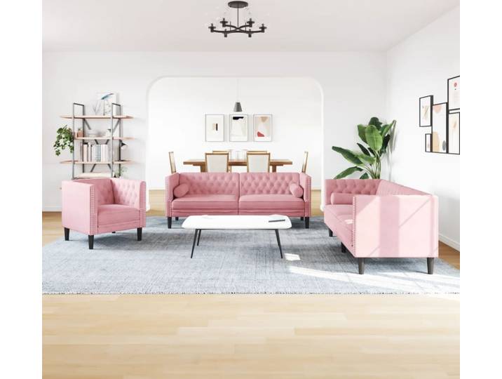 vidaXL Ensemble de 3 canapés Chesterfield avec traversins Rose velours