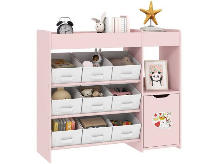 Meuble rangement enfant étagère de rangement pour jouets enfants AIYAPLAY avec 9 tiroirs en tissu et placard rose