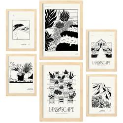 POSTER Set Mit 6 In Schwarzer Tinte Saftiger Garten Künstlerische Und Abstrakte Drucke Für Innenarchitektur A3 & A4 Rahmen Aus Hellem Holz