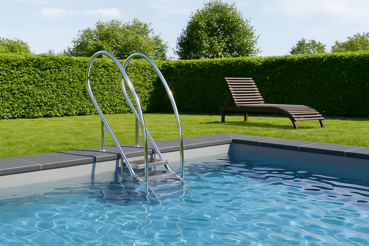 Eichenwald Ideal Edelstahl Eichenwald Pooltreppe Modell 08.2 Miami Swing Beckentiefe 1199mm Ausladung 1088mm 4 Edelstahl-Waffelblech-Stufen