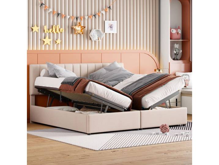 Lit rembourré 180x200 cm avec rangement hydraulique convertible 2-en-1 Beige FloraGrace