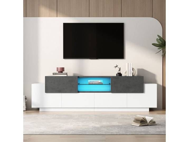 Meuble TV LED - commode TV - Lowboard - centre de divertissement TV étagères en verre pour salon - blanc + gris