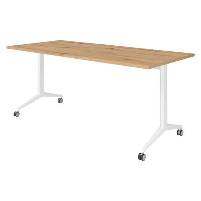 bümö Seminartisch klappbar fahrbar 180x80 cm Asteiche, Gestell weiß - Klapptisch staffelbar, mit vier Doppelrollen Büro Schulungstisch