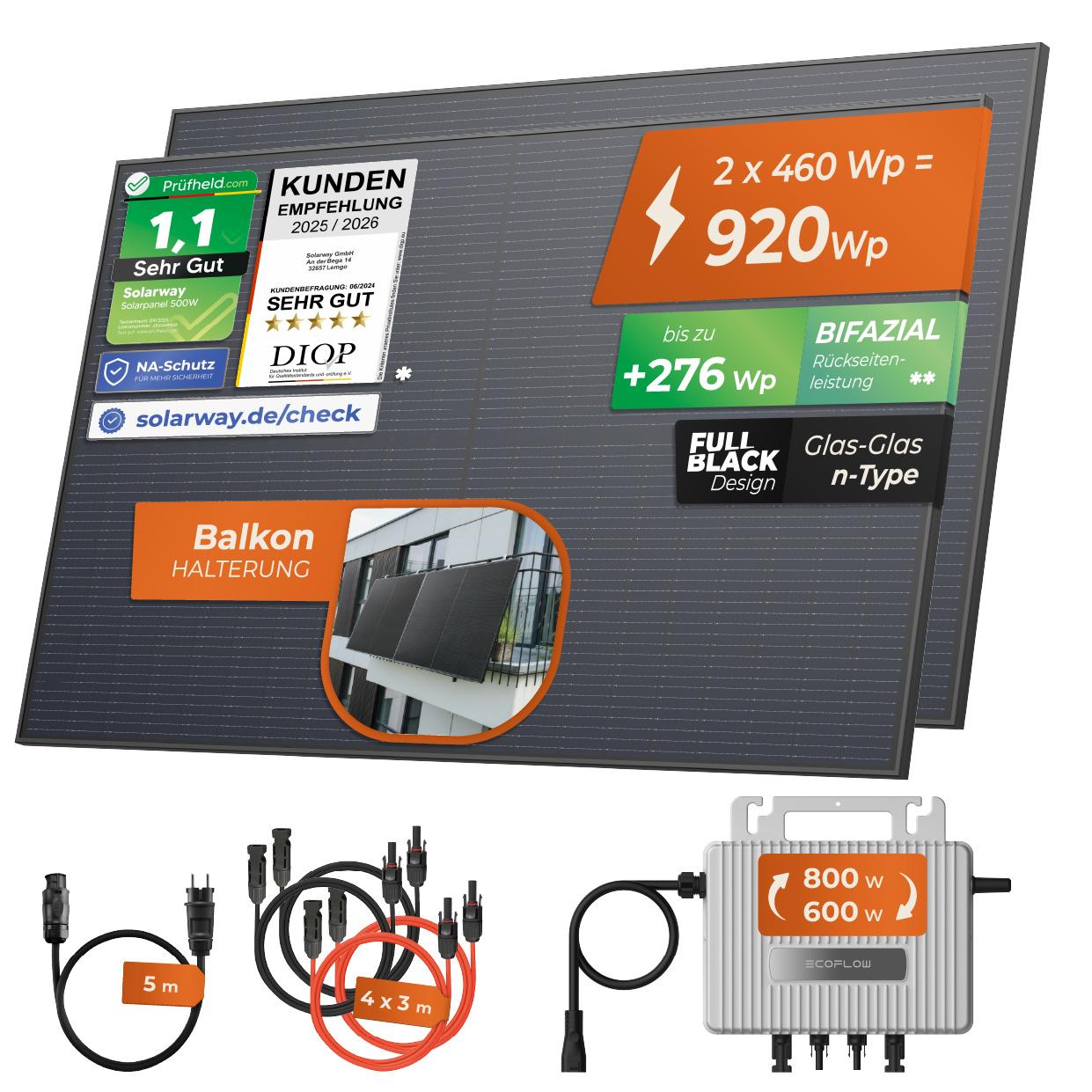 Solarway 920Wp / 800W Balkonkraftwerk komplett Steckdose - neuester EcoFlow Stream 800 Watt Wechselrichter