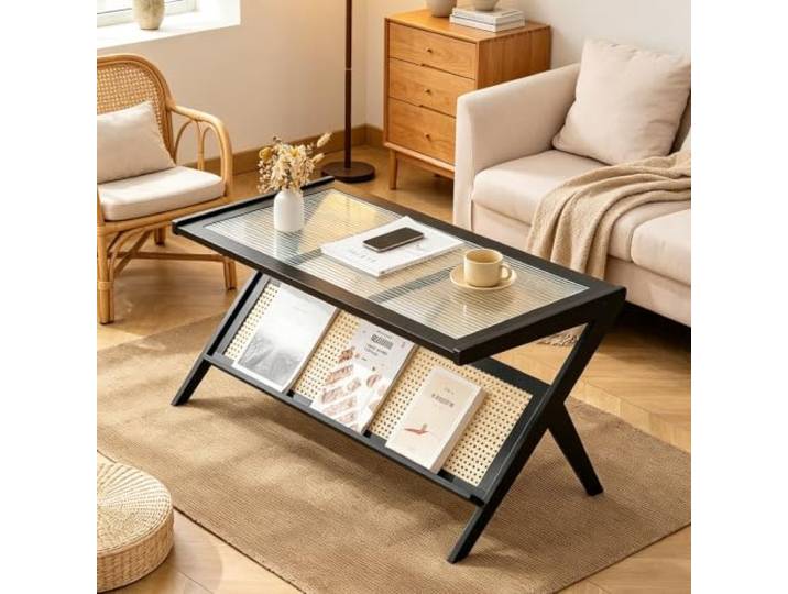 Luxuriöser minimal Couchtisch, geriffelte Glasplatte stabiler Bambusboden Couchtisch mit eleganter geriffelter Glasplatte, stabiler verdickter Bambusrahmen, abgerundetes Kanten-Design(Black)