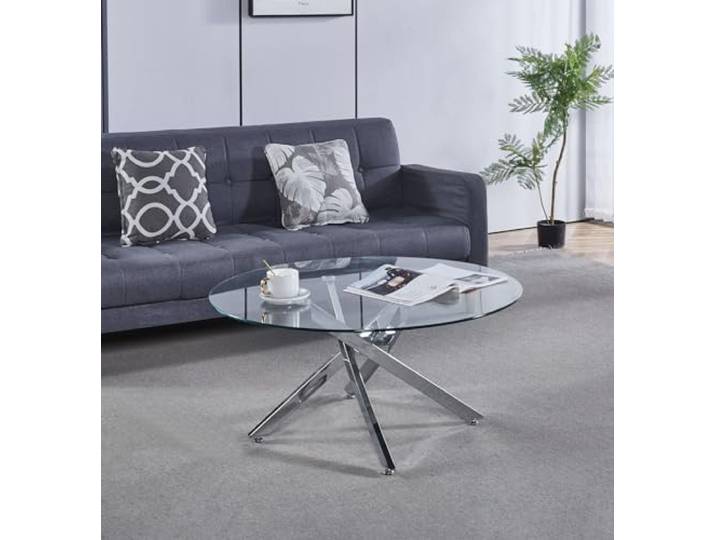 Hallowood Furniture Cullompton Couchtisch aus Metall mit Glasplatte, Glastisch mit 4 gekreuzten Chrombeinen, moderner kleiner Tisch, Mitteltisch, runder Couchtisch für Wohnzimmer