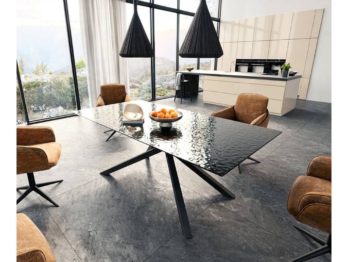 DELIFE Esstisch Edge, Reliefglas Rauchschwarz 3D-Design 200x100 Kreuzgestell Rechteck Schwar