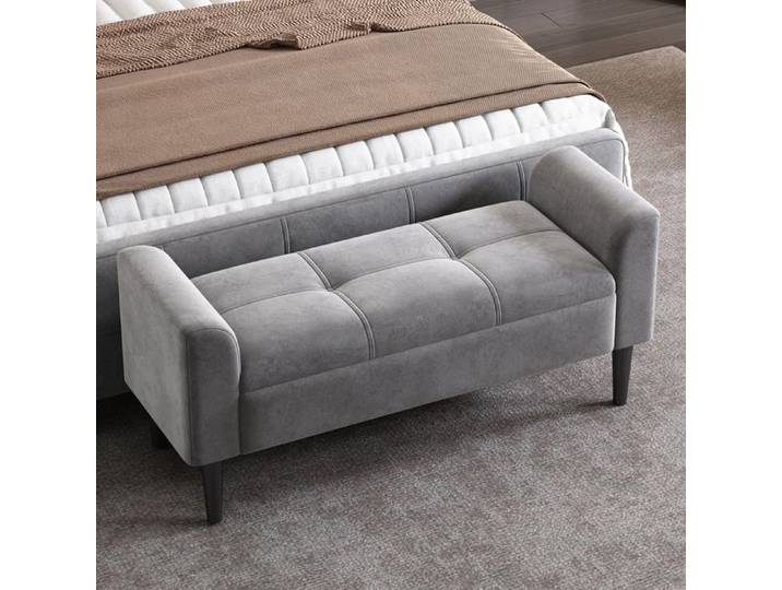 Banc de Lit Tapissé Velours Gris avec Accoudoirs – Banquette Capitonnée Polyvalente pour Chambre ou Entrée