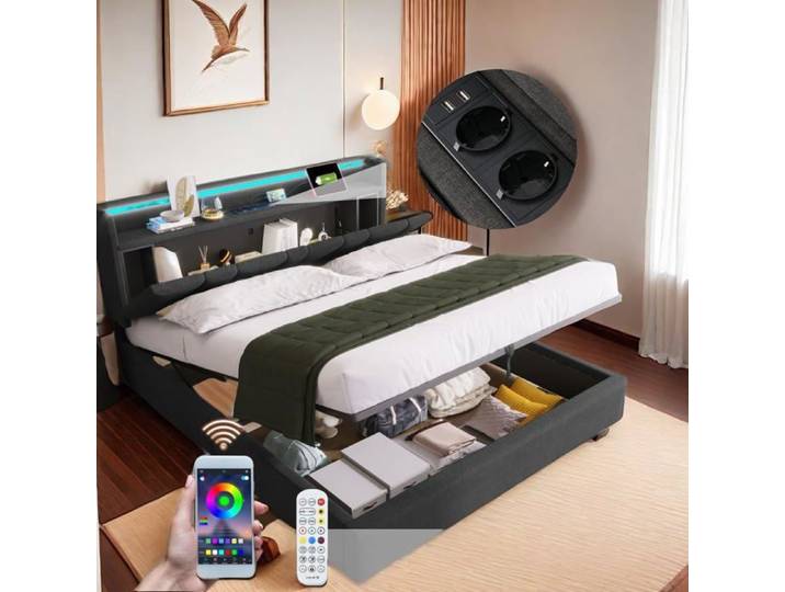 NEW-Lit coffre capitonné 160x200 cm avec chargement USB tête de lit coffre et éclairage LED lin gris gris STRUCTURE DE LIT
