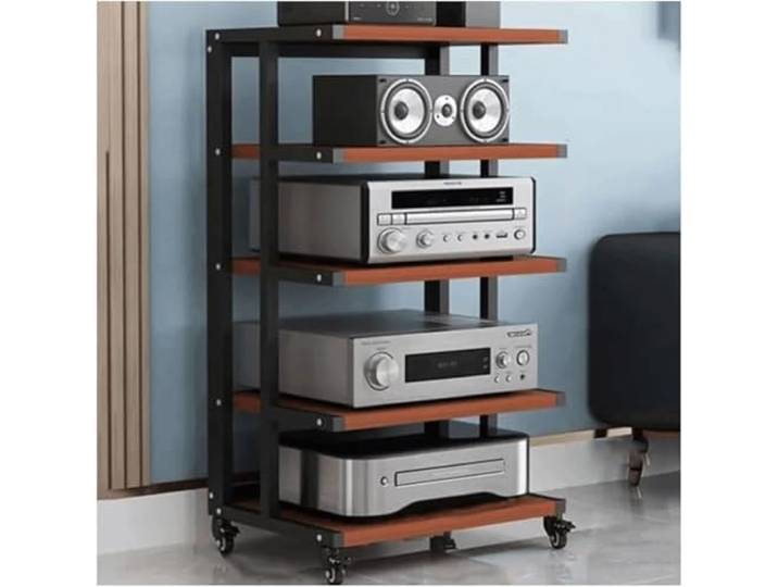 DUddTTW Audio-Rack, bewegliches Stereo-Rack, Audio-Geräte-Rack, Audio-Stereo-Regal, offenes HiFi-Rack aus Holz, Audio-Video-Regal mit Rädern(Red,5 Tier)