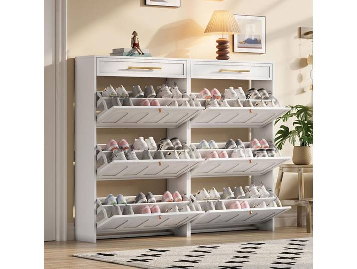 Ensemble 2 meubles blanc 12 compartiments 2 tiroirs armoires hautes MDF entrée couloir salon bureau