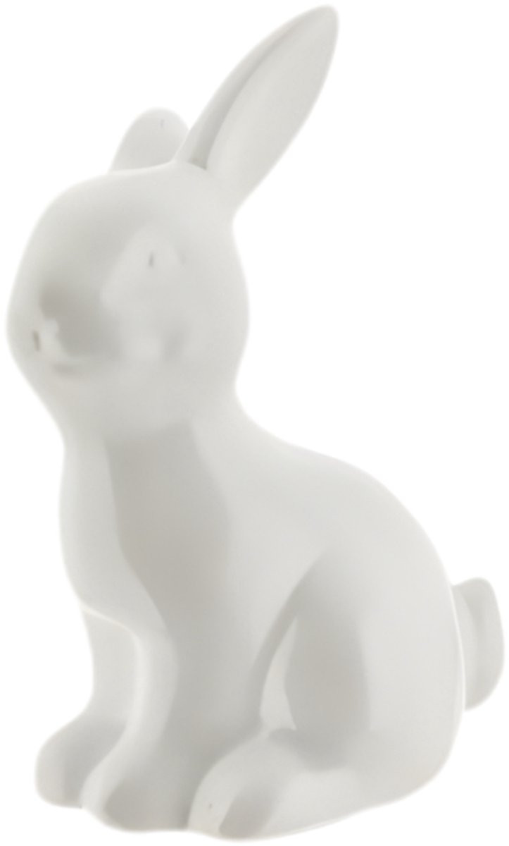 Wit porseleinen paashaas decoratiebeeld - Zittend konijn - 16 cm