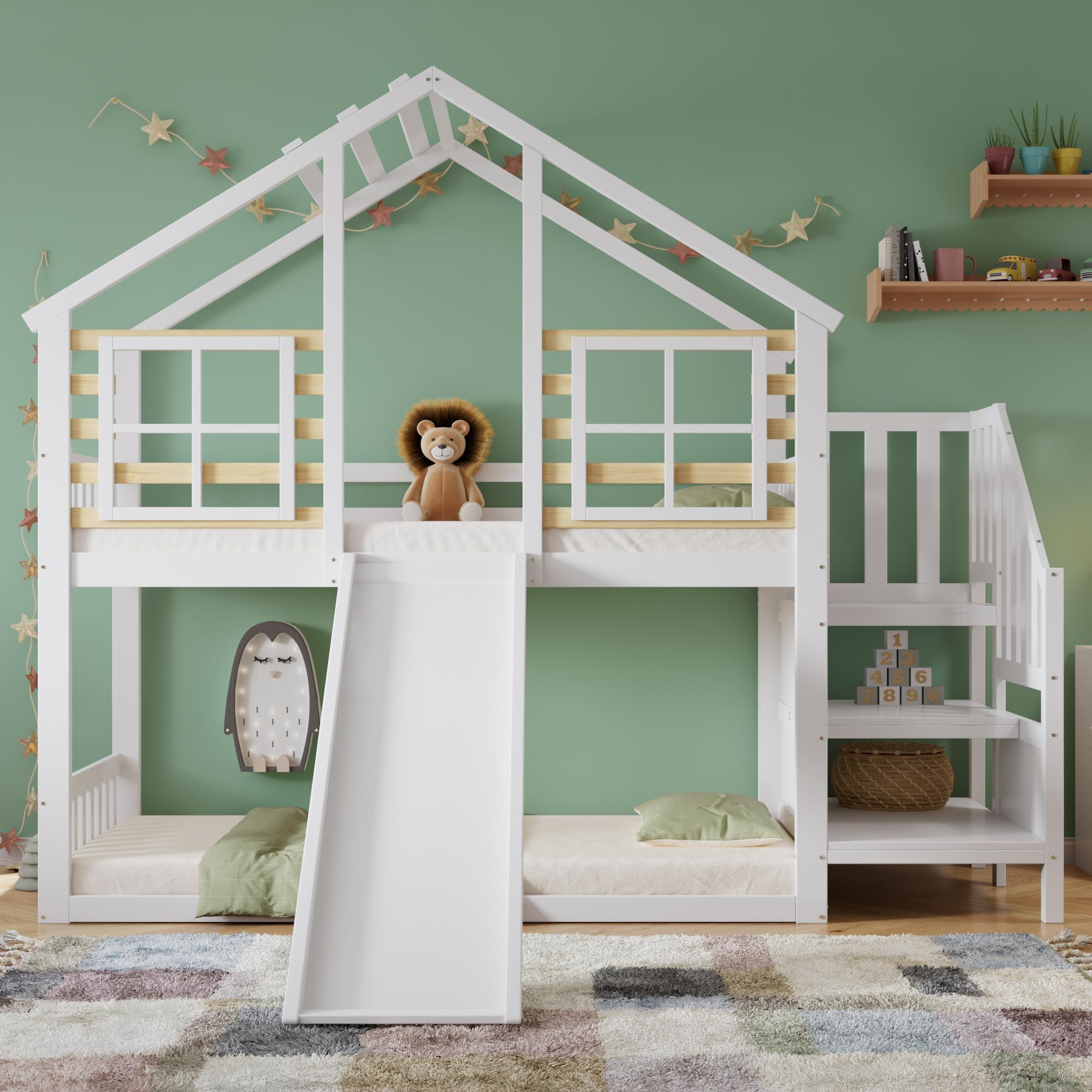 Merax Etagenbett 90x200 cm mit Treppe und Gitter, Kinderbett mit Rutsche aus Massivholz, Holzbett mit Blockhaus Design und Fenster, , Weiß