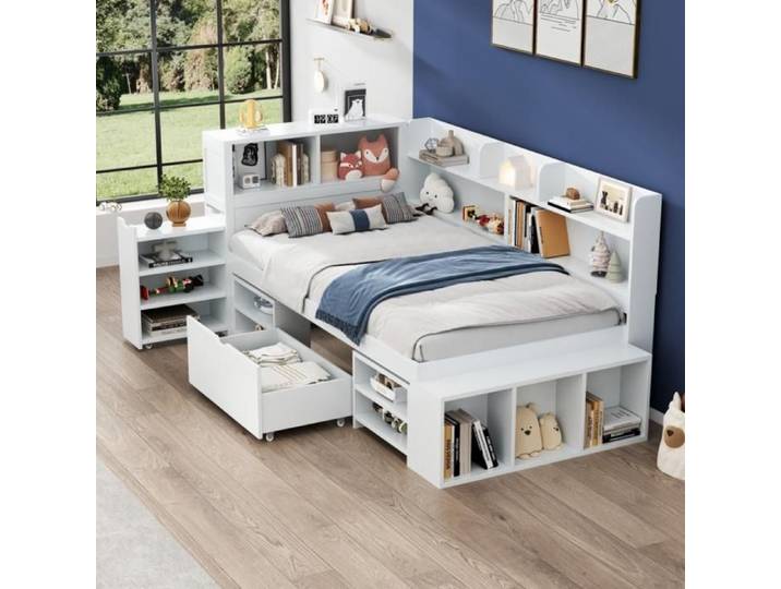 Lit enfant - Zephmum - 90x200 simple tiroirs bibliothèque placard rangement lattes blanc sans matelas