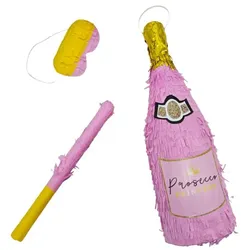 Relaxdays Pinata Set Sektflasche mit Stab & Maske Gelb,Gold,Rosa