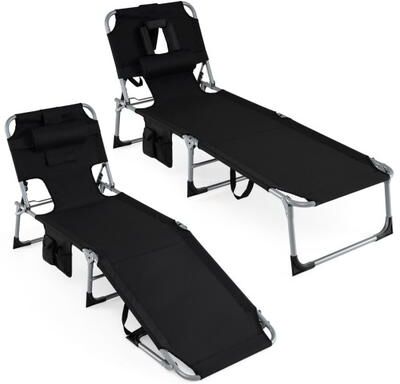 Costway Set of 2 Tanning Chair Portable Chaise Lounge Chair with 4-Position Adjustable Backrest-Black