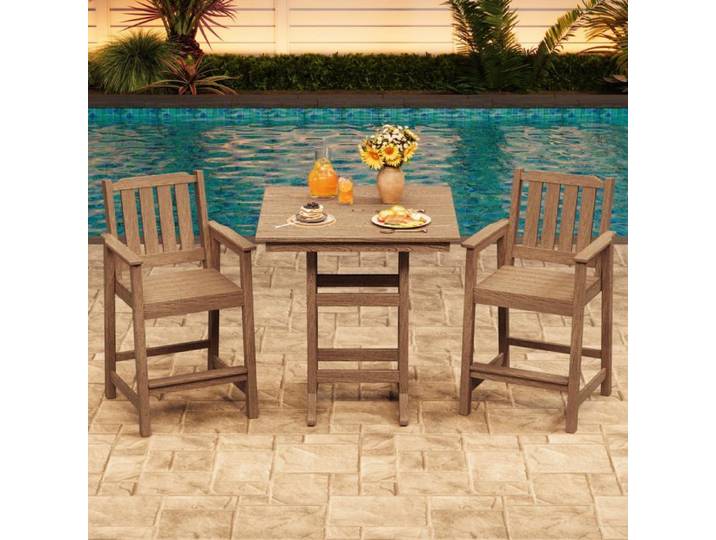 Lot de 2 Tabourets de bar extérieur HDPE avec dossier haut pour jardin piscine patio tout temps waterproof Marron