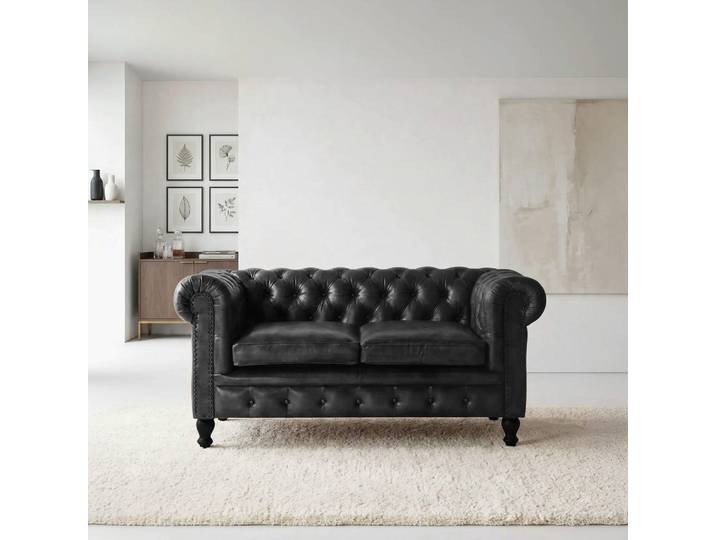 Canapé Chesterfield en cuir véritable noir 2 places - Edward