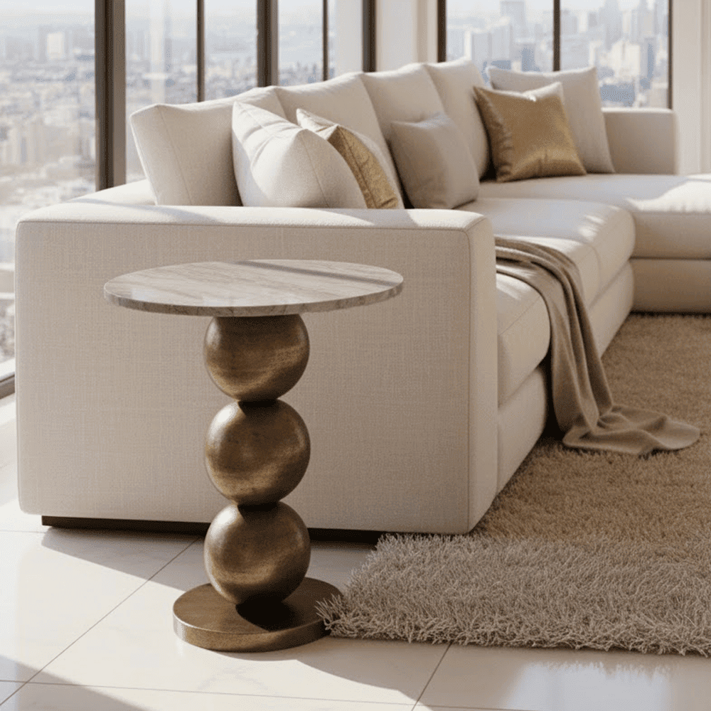 Fioelle Brass Side Table with Beige Marble Top