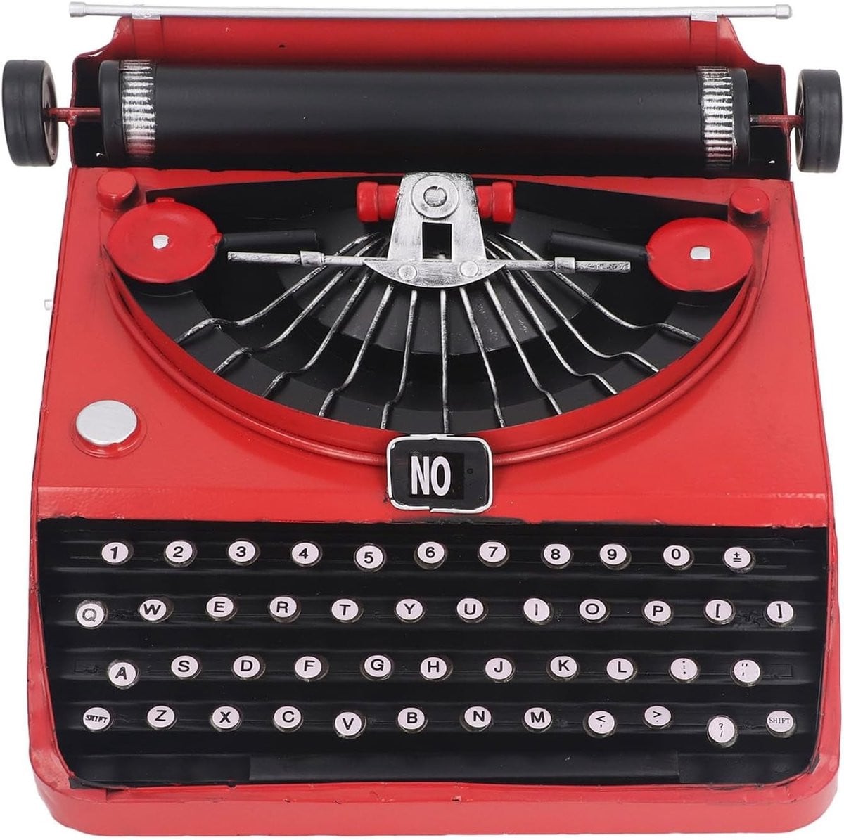 Vintage ijzeren retro typemachine sculptuur als decoratief bureauornament