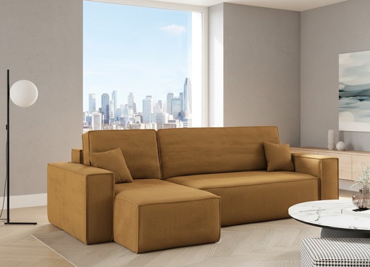 House&Garden Comfortabele L-vormige Hoekbank met Slaapfunctie en Opbergruimte – Modern Design – Mosterdkleur