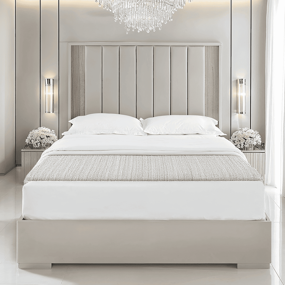 Maya Luxury Greige Channelled Bed with Integrated LED Lights, Super King