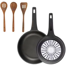 BERGNER - Set mit 2 Bratpfannen Ø24/28cm aus Aluminiumguss mit Bakelitgriff mit Set 3 Küchenutensilien aus Akazienholz
