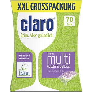 Claro Spülmaschinentabs Multi Tabs, Alles in 1, vegan, mikroplastikfrei, kraftvolle Reinigung, 70 Tabs