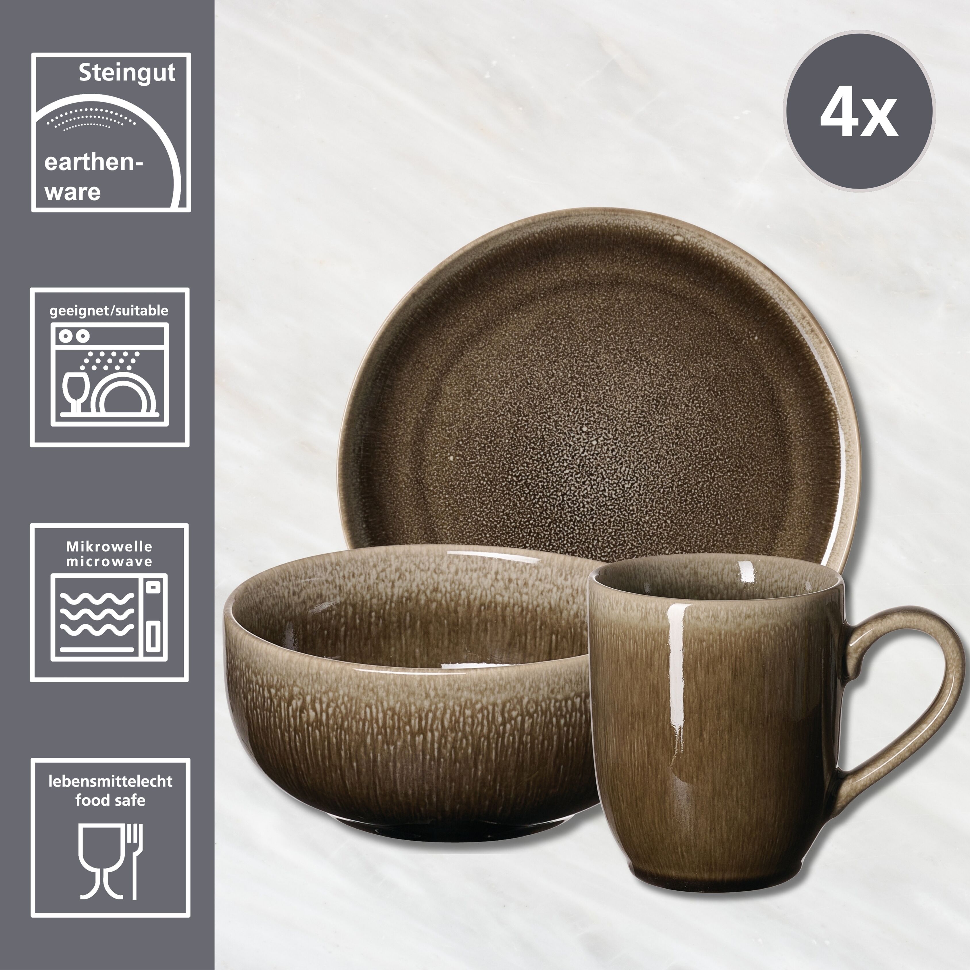 Frühstücks-Geschirrset RITZENHOFF & BREKER "Eda", braun, 12 Stk., Steingut, Geschirr-Sets, Frühstücks-Geschirrset, aus Steingut für 4 Personen