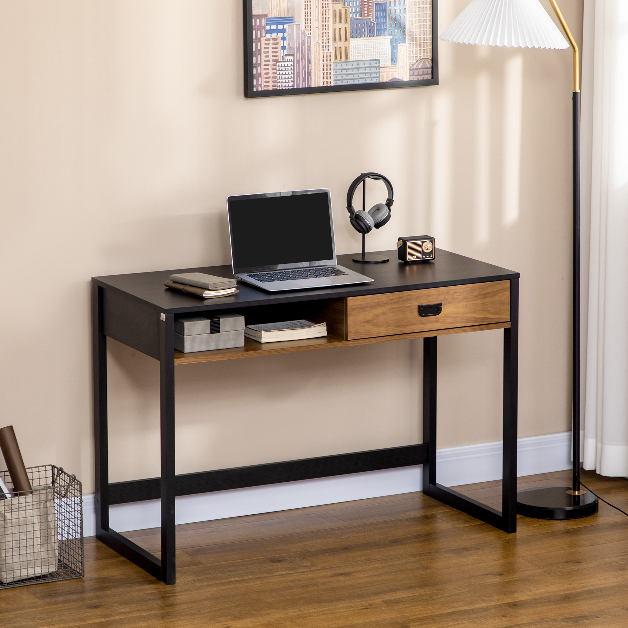 Homcom Scrivania per Camera e Ufficio con Cassetto Stile Industriale, 110x50x76cm, Noce e Nero Aosom
