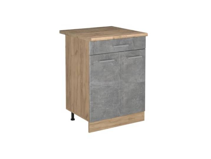 Vicco Küchenunterschrank R-Line, Beton/Goldkraft Eiche 60 cm 2 Türen · Arbeitsplatte Eiche · Höhenverst. Füße · 1 Einlegeboden · Frei kombinierbar