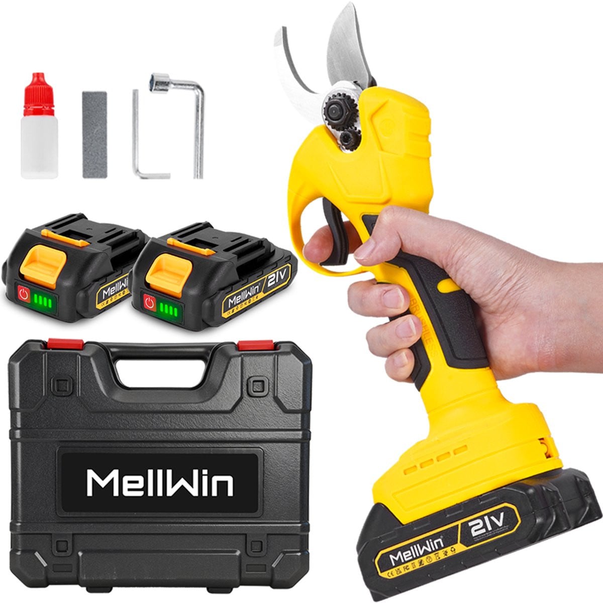 MellWin Elektrische Snoeischaar met Borstelloze Motor en 2x Batterijen - 30mm Snijdiameter - Takkenschaar voor Tuinieren en Fruitbomen