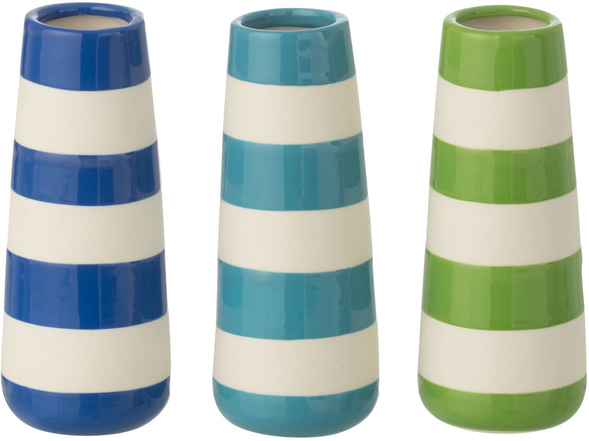 J-Line Set van 3 Gestreepte Porseleinen Vazen - Groen/Blauw - Small