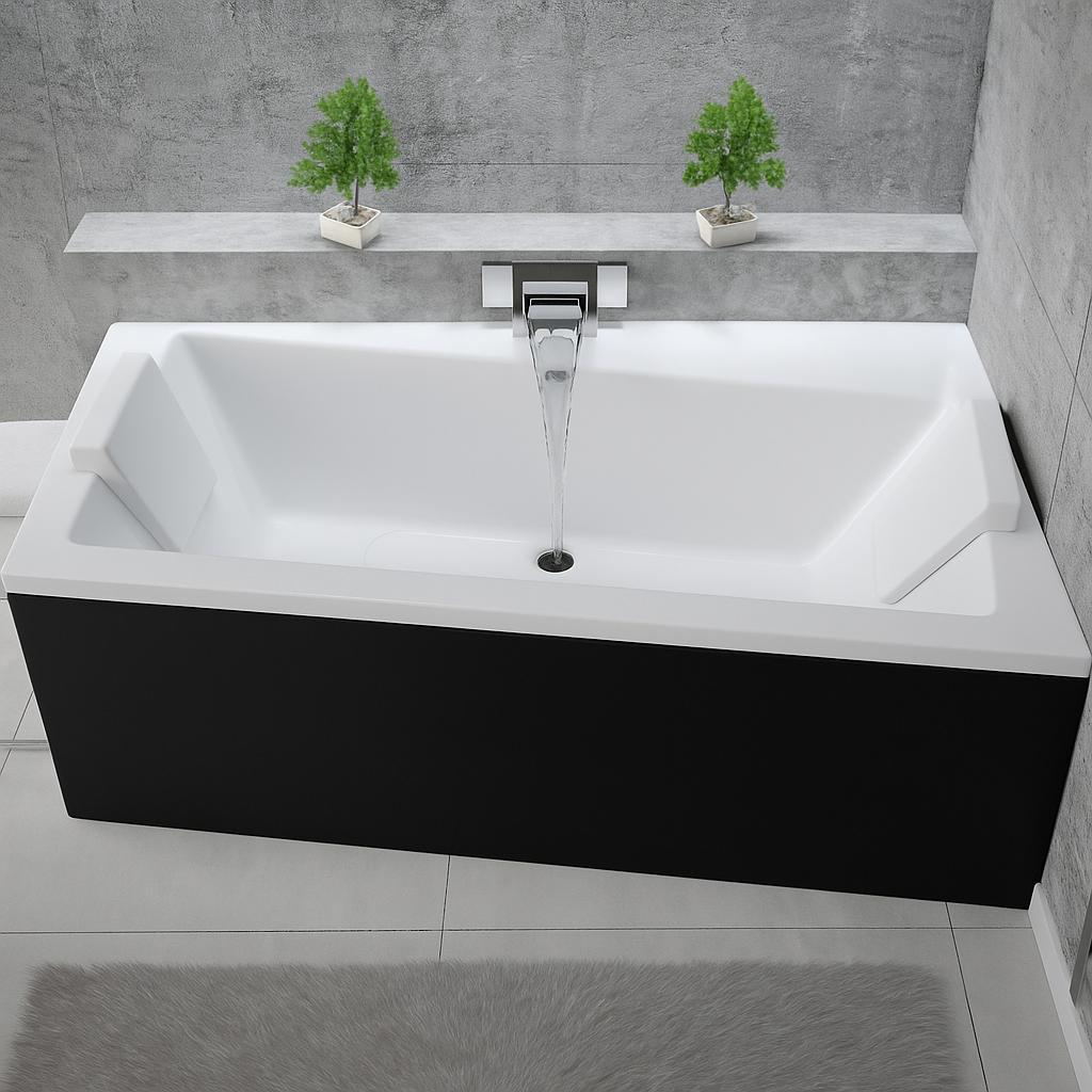 Badewanne INFINITY 160x100 mit Füßen , mit Siphon und schwarz Schürze, rechte