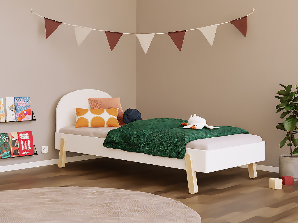 Einzelbett NOVA mit rundem Kopfteil 90x200 cm Salbeigrün, Schiefe Beine, Mit der Barriere