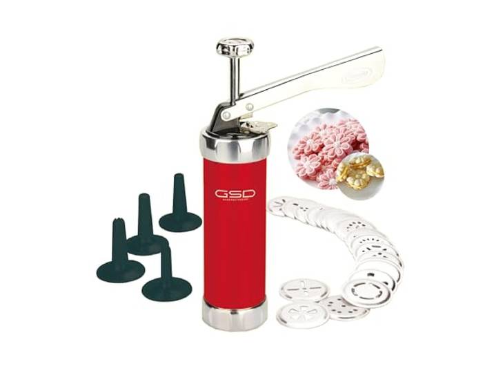 GSD Metall-Gebäckpresse – Mit 20 Matrizen, 4 Spritztüllen und Spezialverstellung, für individuelle Kekse und kreative Backideen, Rot