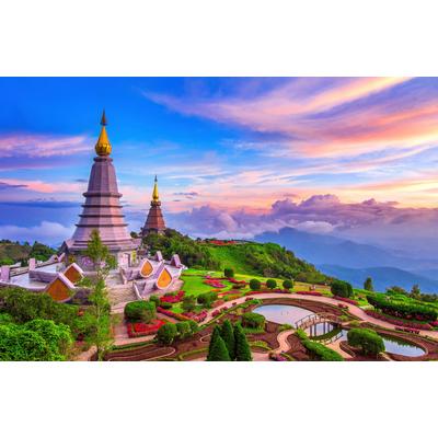 Fototapete PAPERMOON "CHIANG MAI PAGODEN-THAILAND GARTEN WOLKE SONNE PANORAMA", bunt, B:3,5m L:2,6m, Vlies, Tapeten