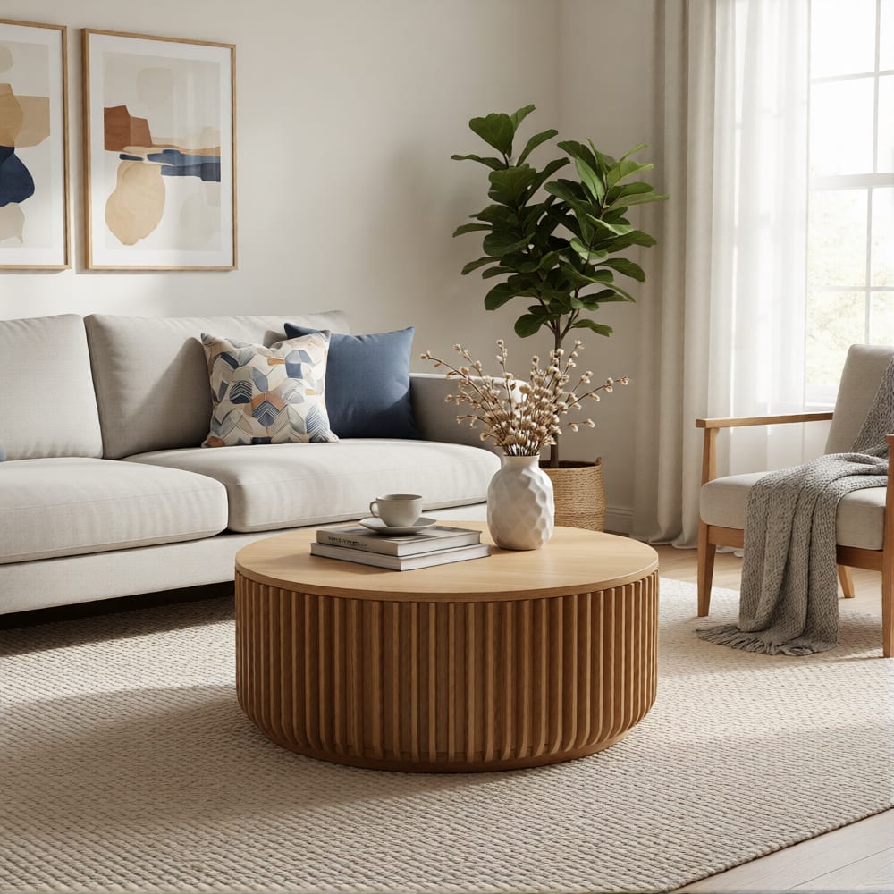 WOODEK Table basse en chêne diam 90 cm, beige finition mate Beige 90x40x90cm