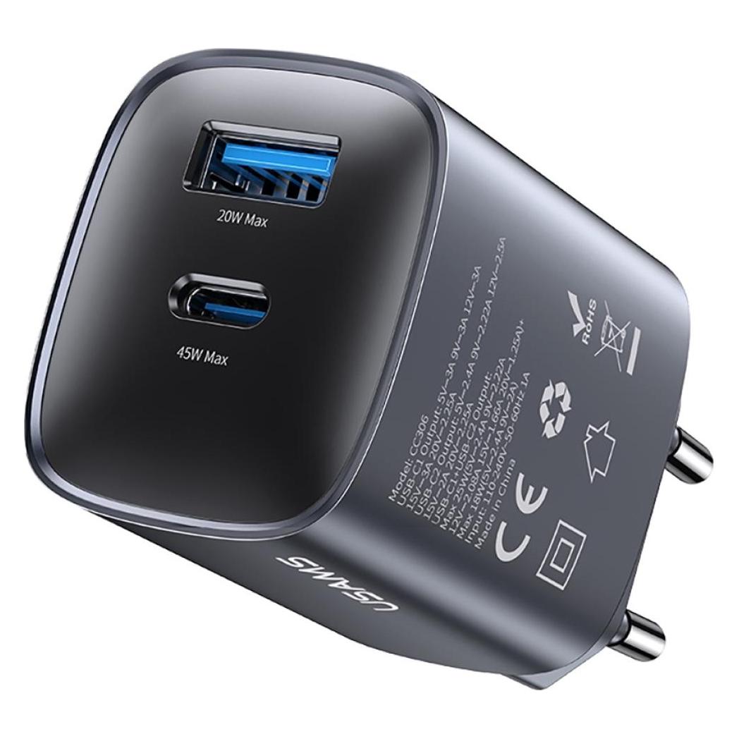 Usams Wall charger CC290 T66 45W GaN 1xUSB-A 1xUSB-C tarnish (45 W, 2 Ports) (USA001666)