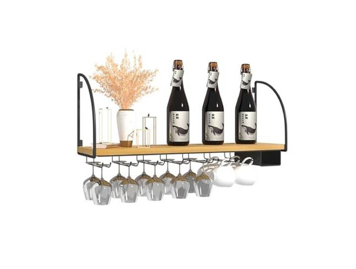 WXZXWXZX Weinregal Wand Klein Flaschenregal Schmal Wine Rack Bar Regal Wand Weinschrank Hausbar Barschrank mit Weinglashalter Weinständer Getränke Regal für Bartheke Wohnzimmer(Nero,60cm(23.62in))