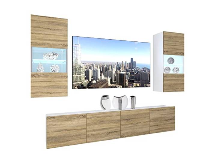 BELINI Wohnwand Schrankwand NEX 7 mit LED-Beleuchtung, Sonoma Eiche Vollausstattung Wohnzimmer-Set Moderne Schrankwand Anbauwand TV-Schrank