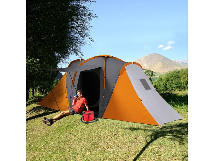 Outsunny Tente Tunnel 4-6 Pers 2 Chambres Déperlante Gris Orange