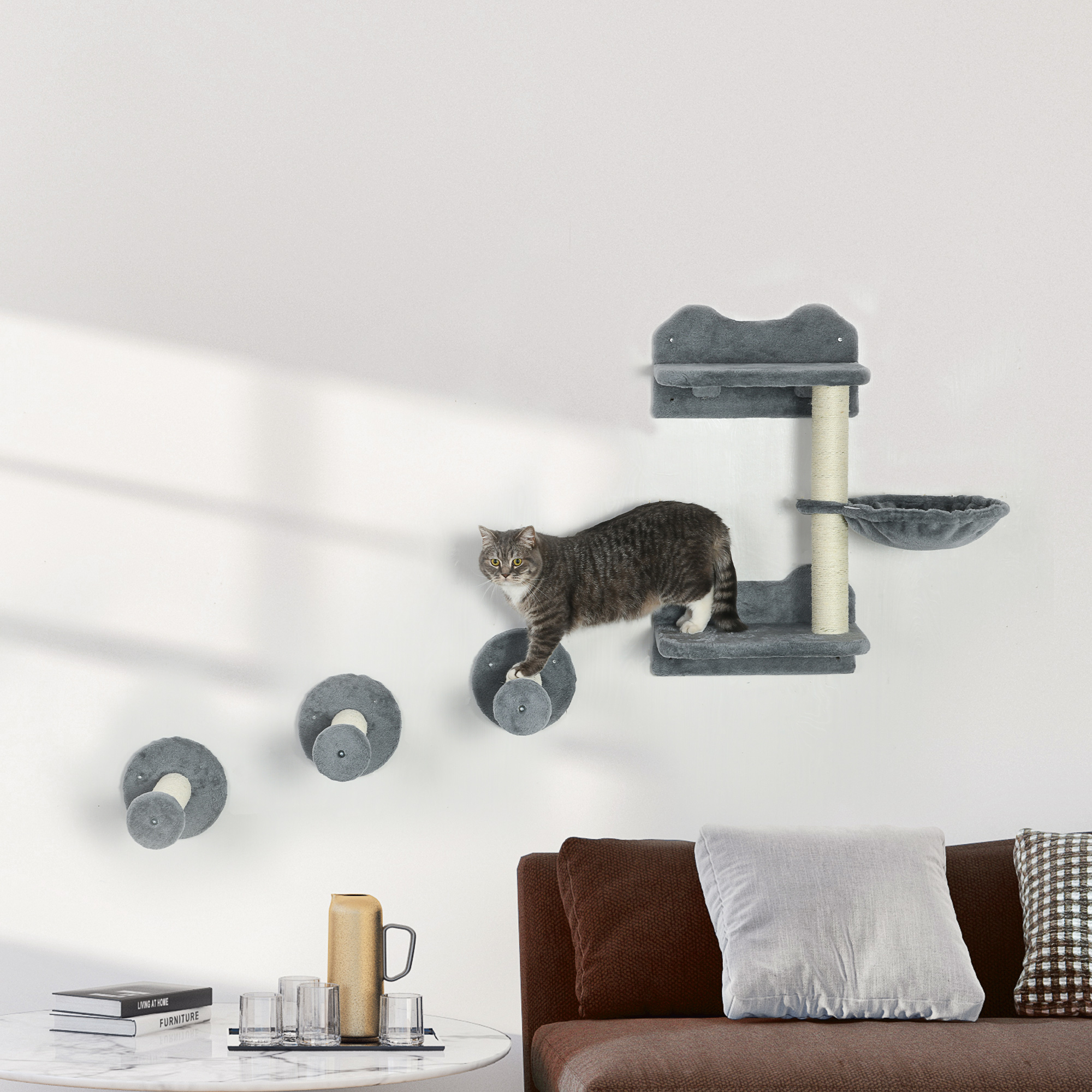 Pawhut Gradini da arrampicata con Scala, tiragraffi e amaca per gatti, 40x28x73 cm, grigio e crema   Aosom Italy