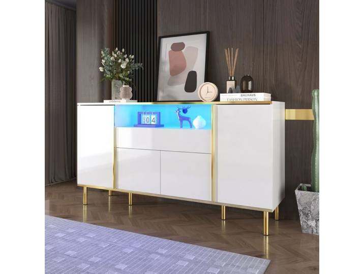 Feuille épaissie Sideboard commode blanche brillante avec 1 tiroir commode commode de chambre sideboard blanc brillant - L150/
