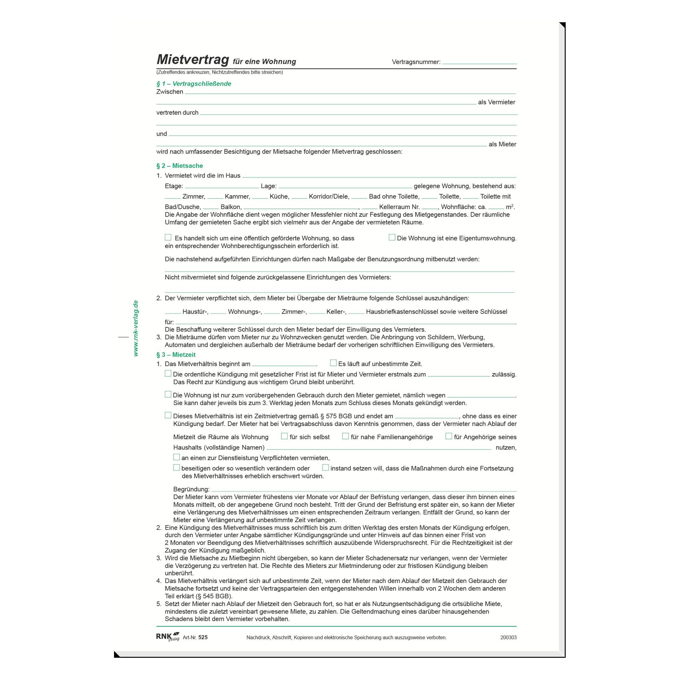 Rnk Vertragsformular Mietvertrag für Wohnungen - 10 Stück, DIN A4, 210 x 297 mm, 3 B (525/10)