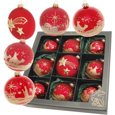 Weihnachtsbaumkugel KREBS GLAS LAUSCHA "Bethlehem Xmas Night, 8 Kugeln, 1 Taler mit Komet & Stern, 8 cm", rot, Ø:8cm, Glas, Weihnachtsbaumkugeln, Weihnachtsdeko, Christbaumschmuck, Christbaumkugeln aus Glas