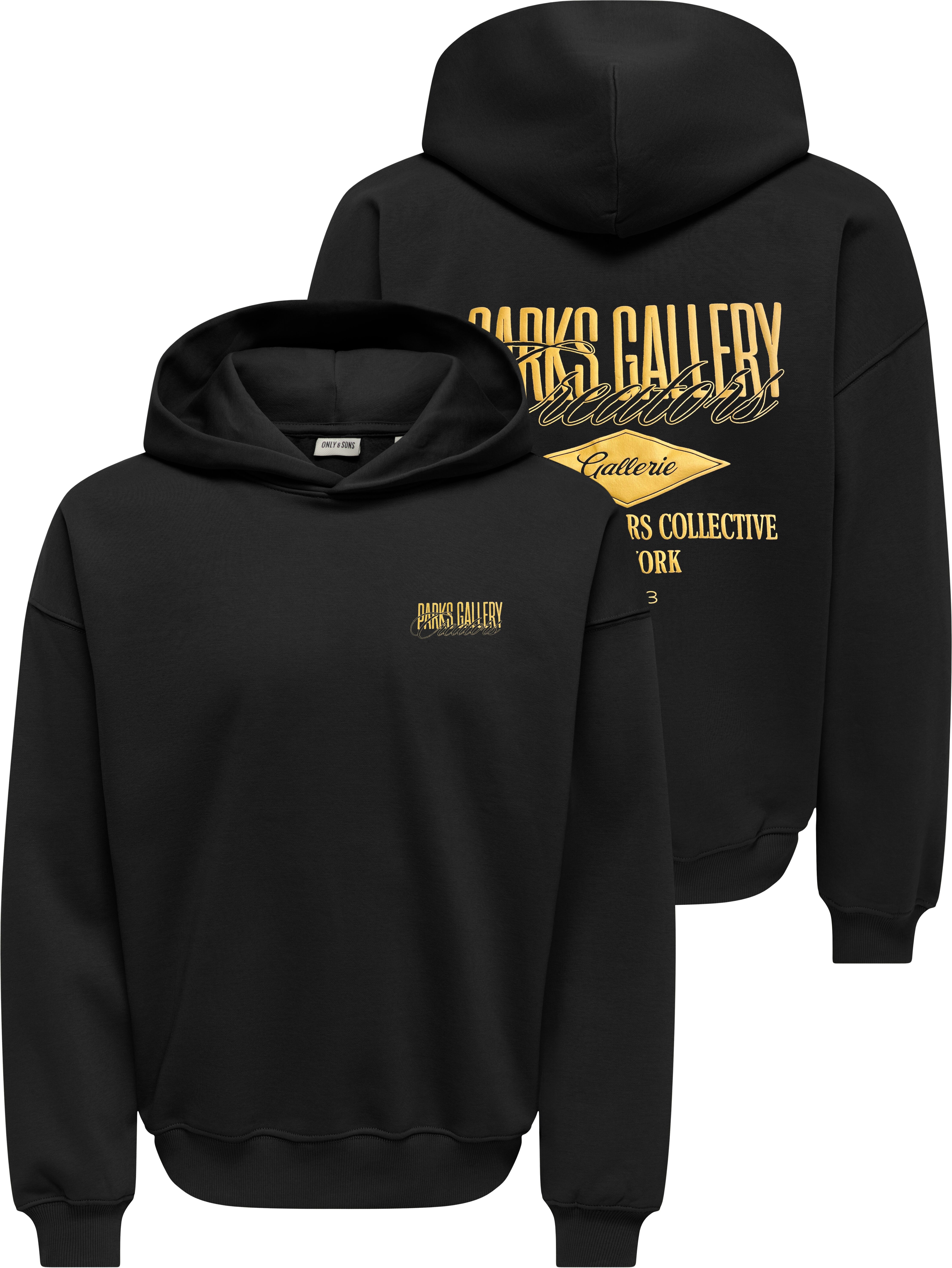 Sweatshirt ONLY & SONS "ONSPARKS GALLERY RLX SWEAT HOODIE NOOS", Herren, Gr. L, schwarz (schwarz print:local creators), angeraute Sweatware, Obermaterial: 75% Baumwolle, 25% Polyester, bedruckt, regular fit normal, Rundhals, Rippbündchen, Sweatshirts Swea